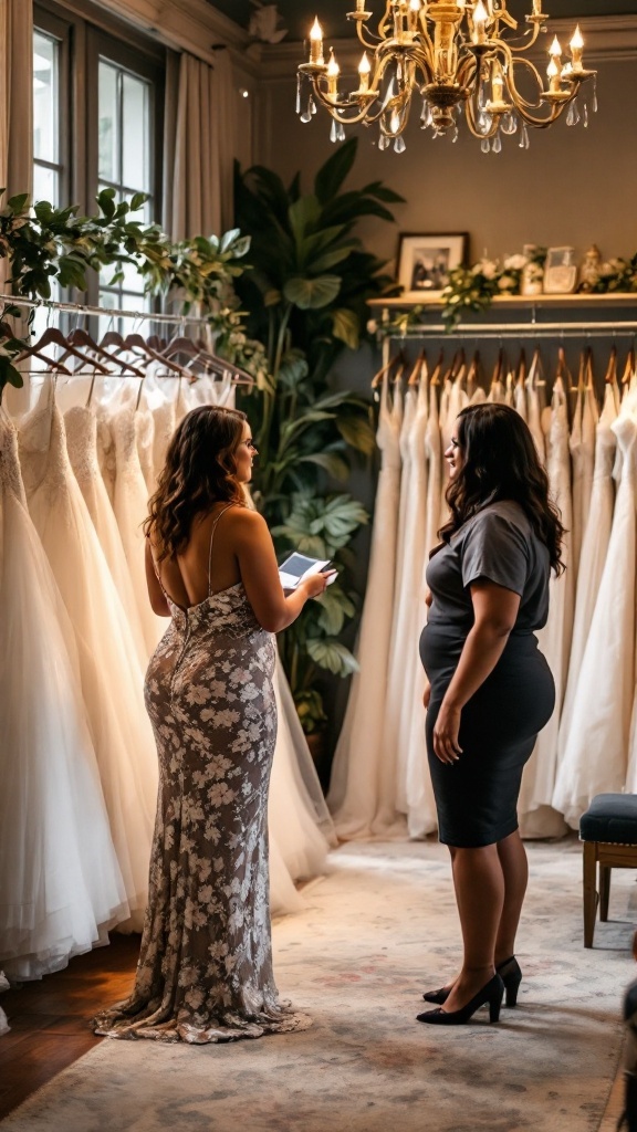 Two women in a bridal boutique discussing wedding dresses, surrounded by a selection of gowns.