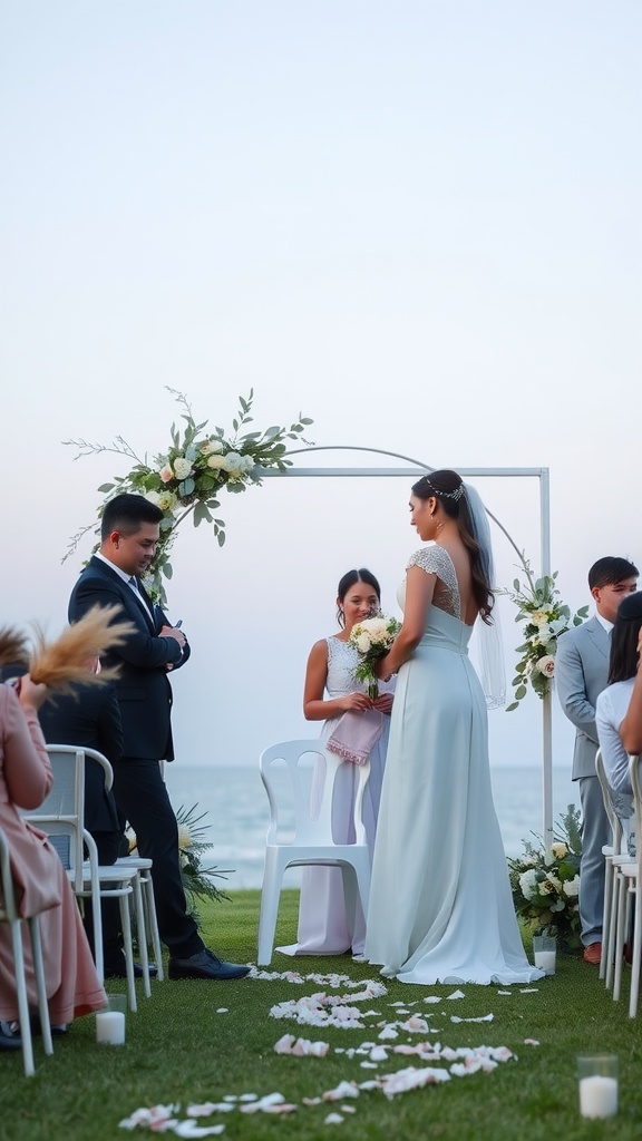 A couple exchanging vows under a floral arch at a beachside wedding ceremony.