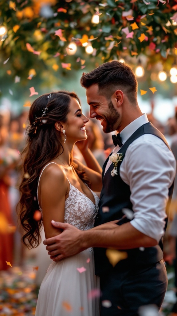 A joyful couple smiling at each other, surrounded by colorful confetti and warm lights, during their wedding ceremony.