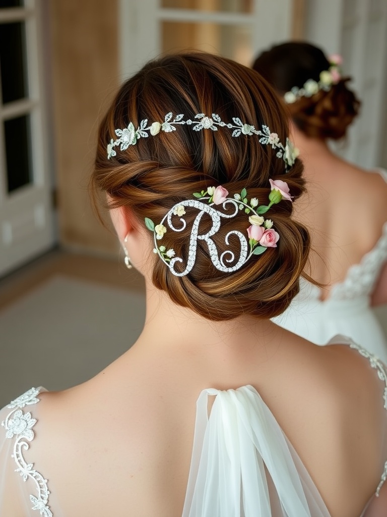 A bride's hair styled in an elegant updo, adorned with a personalized hairpiece featuring flowers and a sparkling initial.