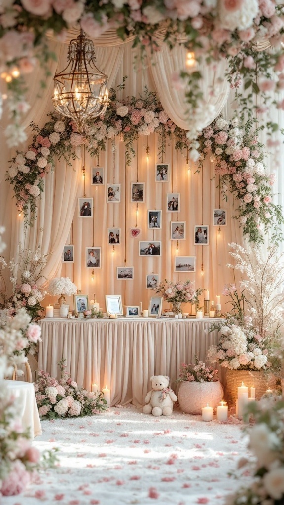 A romantic wedding display with photos, flowers, and candles