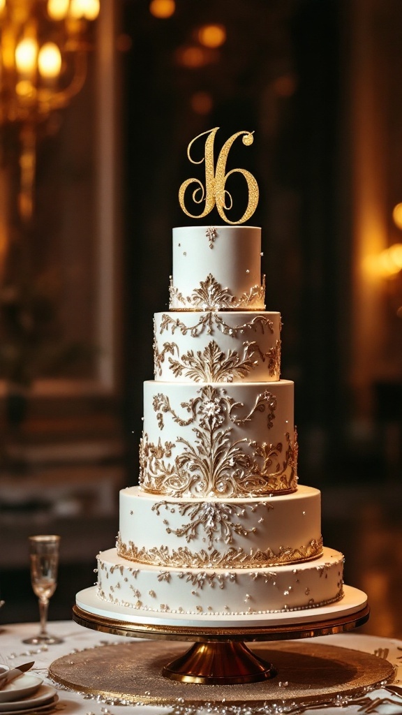 A luxurious wedding cake with a personalized golden monogram topper, featuring intricate gold details and a glamorous design.