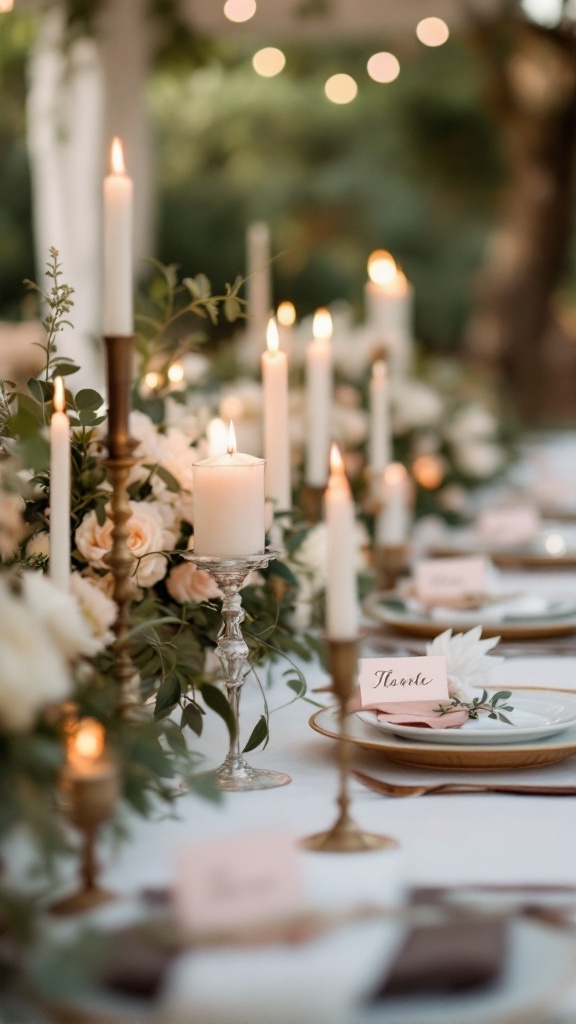Elegant wedding table setting with candles and personalized name cards