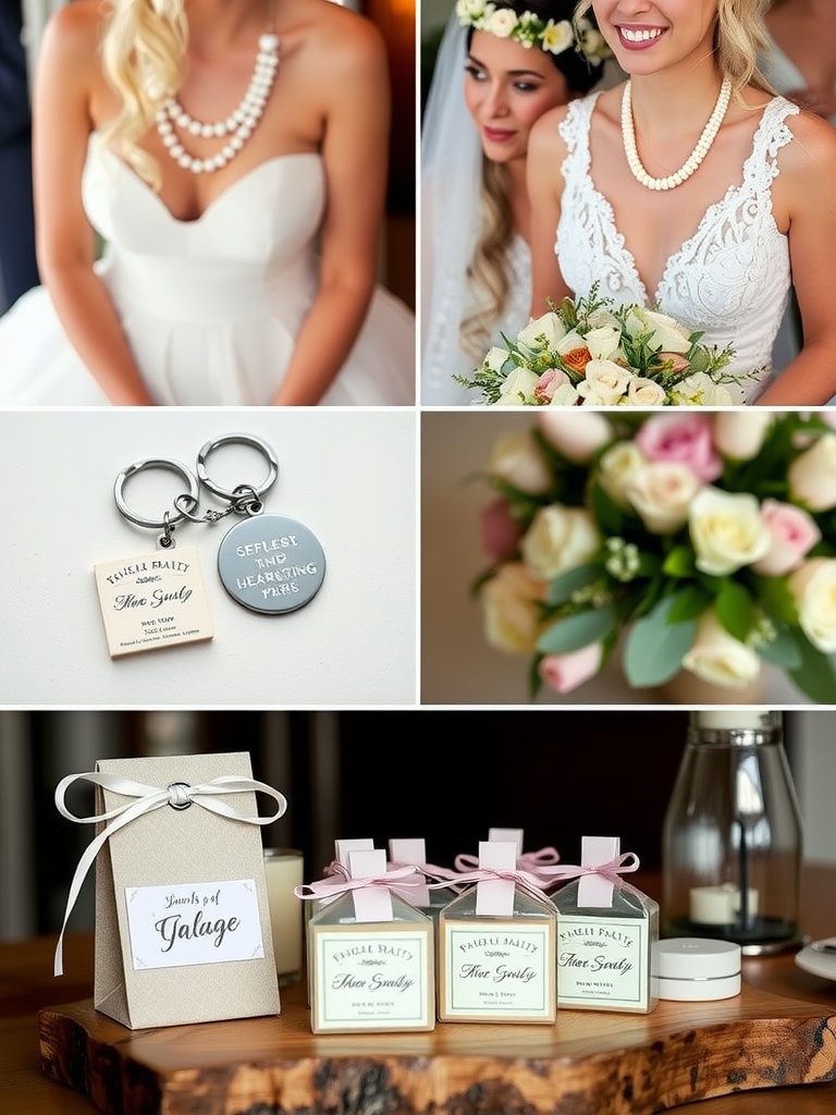 An array of wedding accessories including vintage jewelry, flower crowns, and wedding favors presented beautifully.