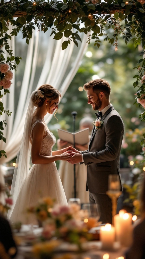 A couple exchanging vows in a beautifully decorated outdoor setting for a small wedding.