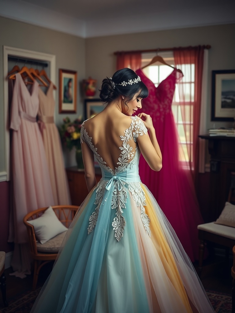 A bride in a colorful wedding dress stands in front of various gowns, showcasing different styles and colors.