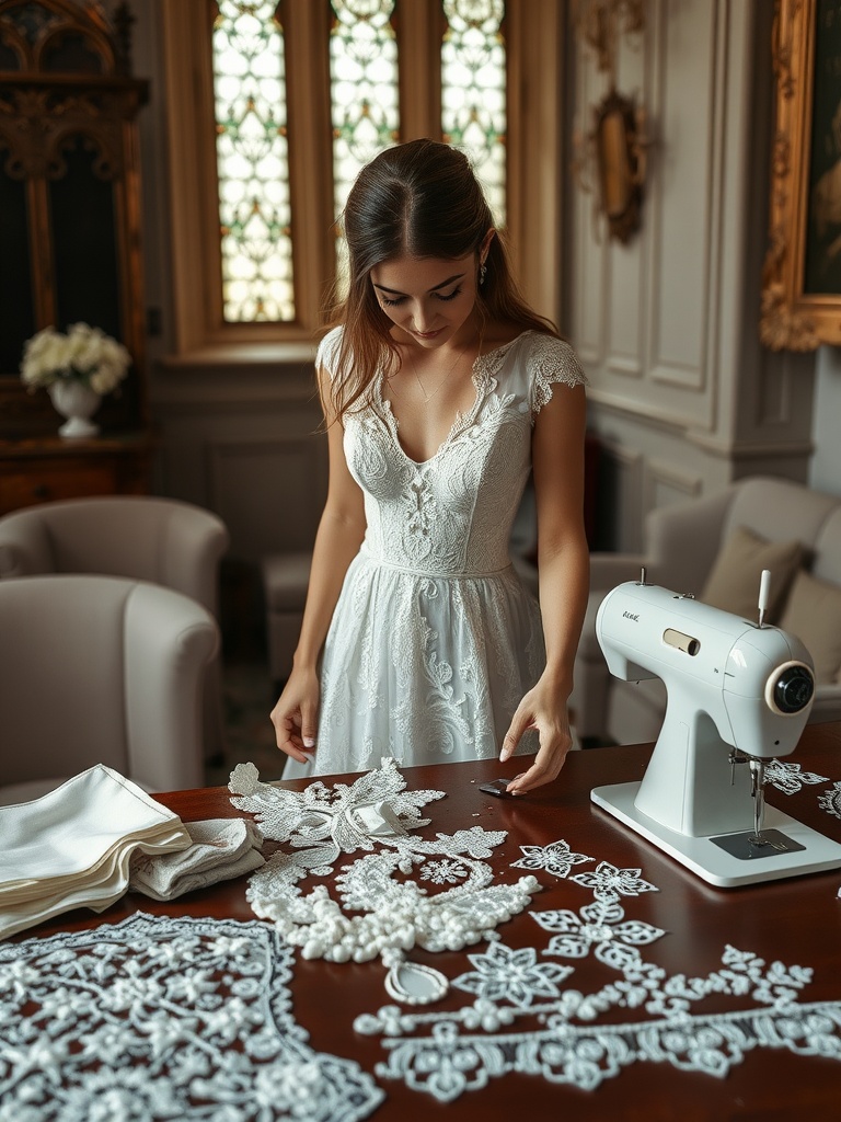 A woman inspecting lace pieces while standing next to a sewing machine, representing the personal touch in lace wedding dress creation.