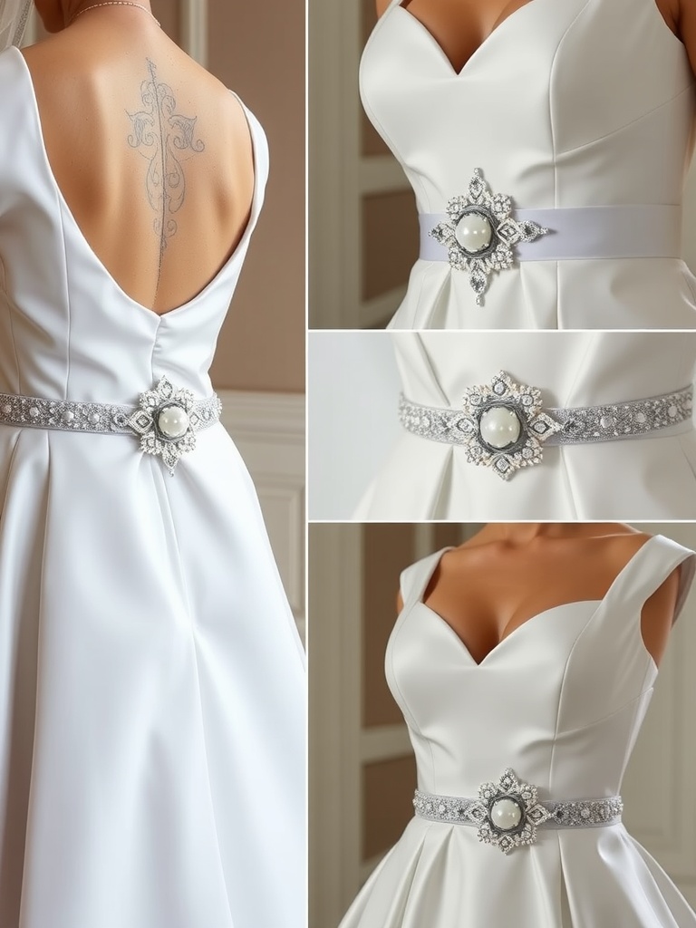 A close-up of a wedding dress featuring different styled belts and sashes.