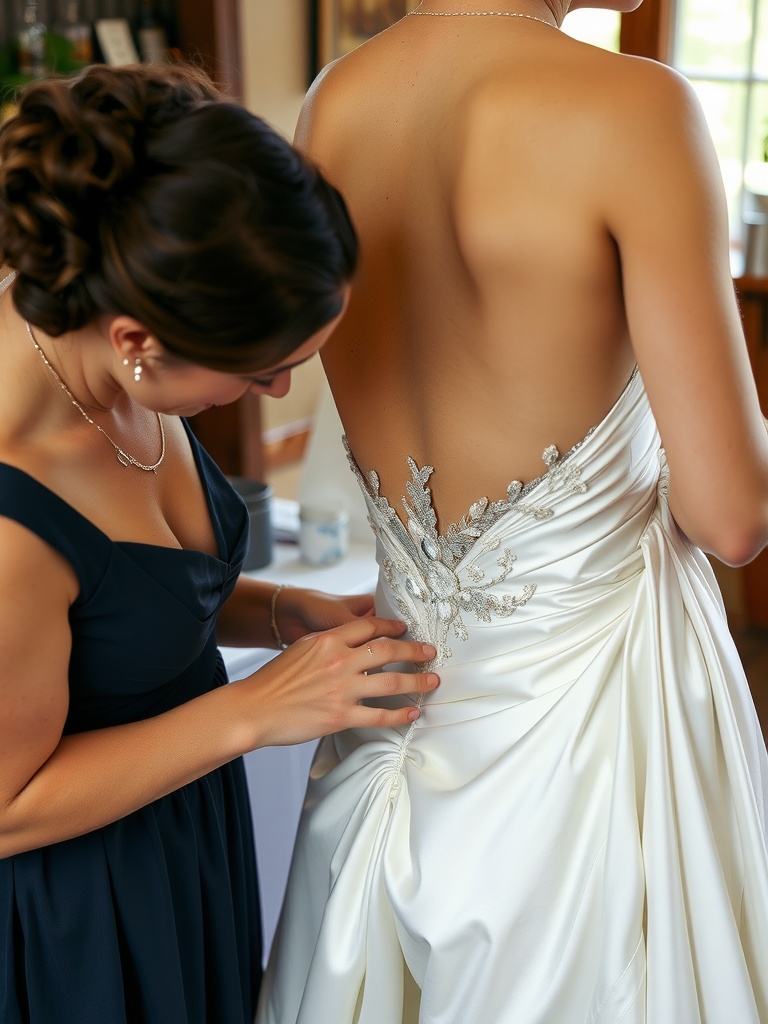 A close-up view of a bride wearing a silk wedding dress with lace details on the back, showcasing elegance and style.