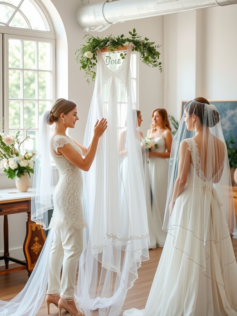 Bridesmaids exploring different veil styles in a bright room.