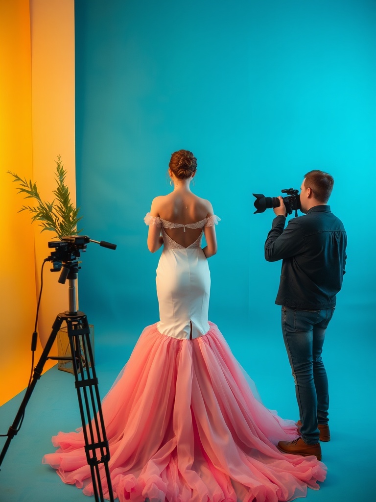 A bride in a unique pink and white wedding dress being photographed against a colorful backdrop