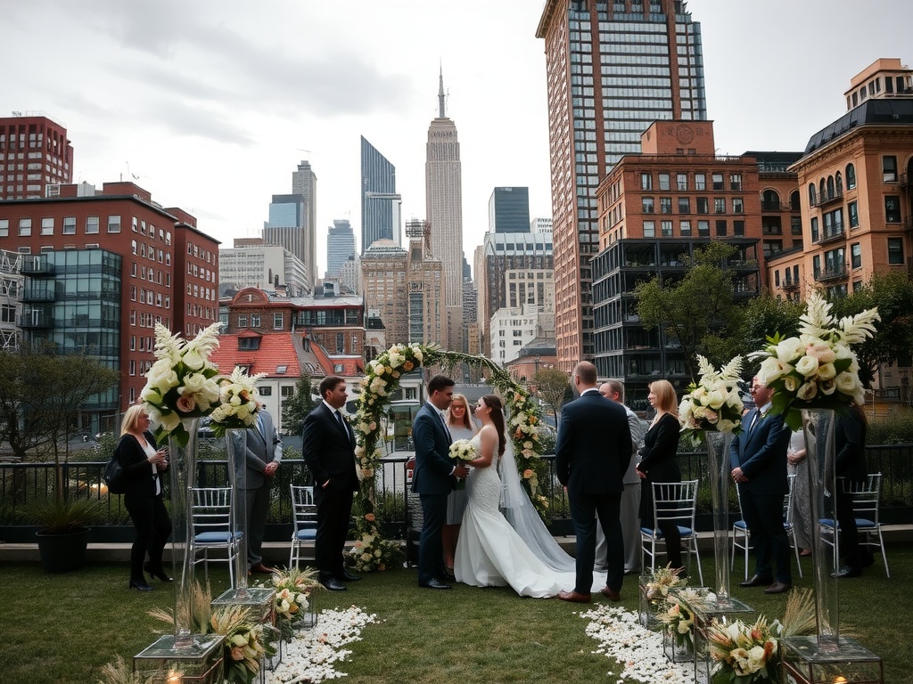 A couple standing under a floral arch during their outdoor wedding ceremony in a city park with skyscrapers in the background.