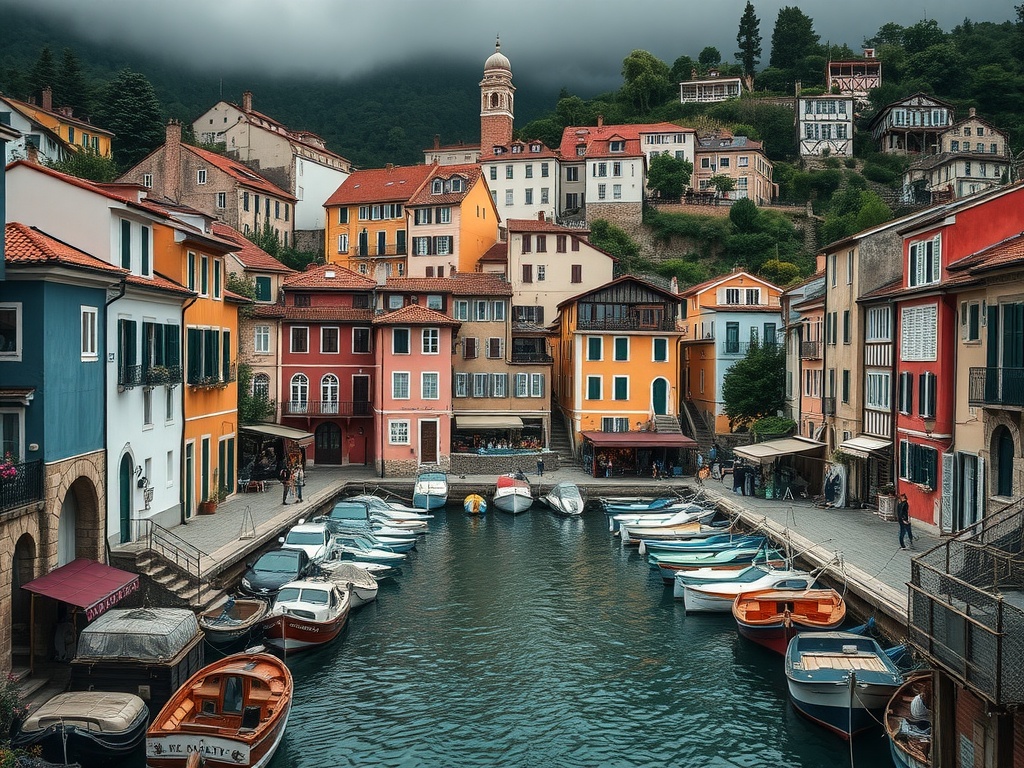 A picturesque coastal village with colorful buildings and a serene harbor