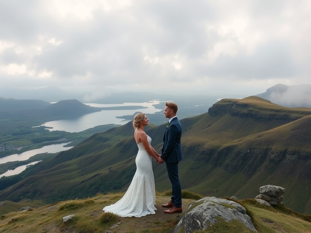 A couple standing on a hill in the Isle of Skye, Scotland, surrounded by mountains and water, during their intimate wedding ceremony.