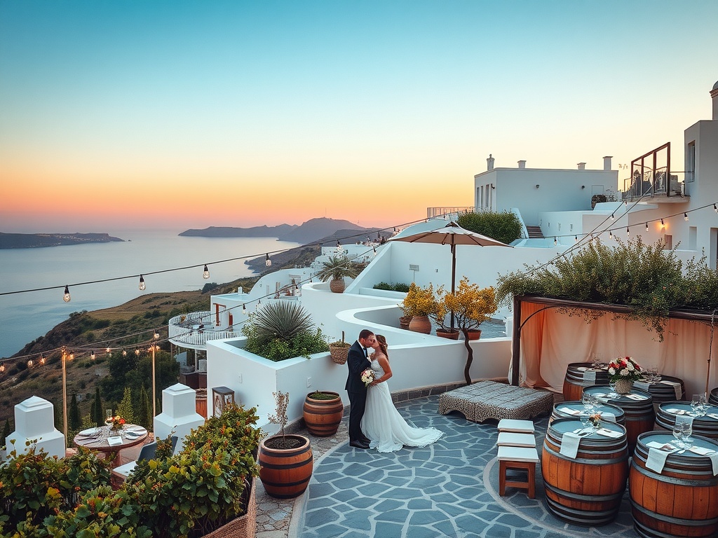 A couple embracing at a vineyard wedding in Santorini during sunset with beautiful scenery.