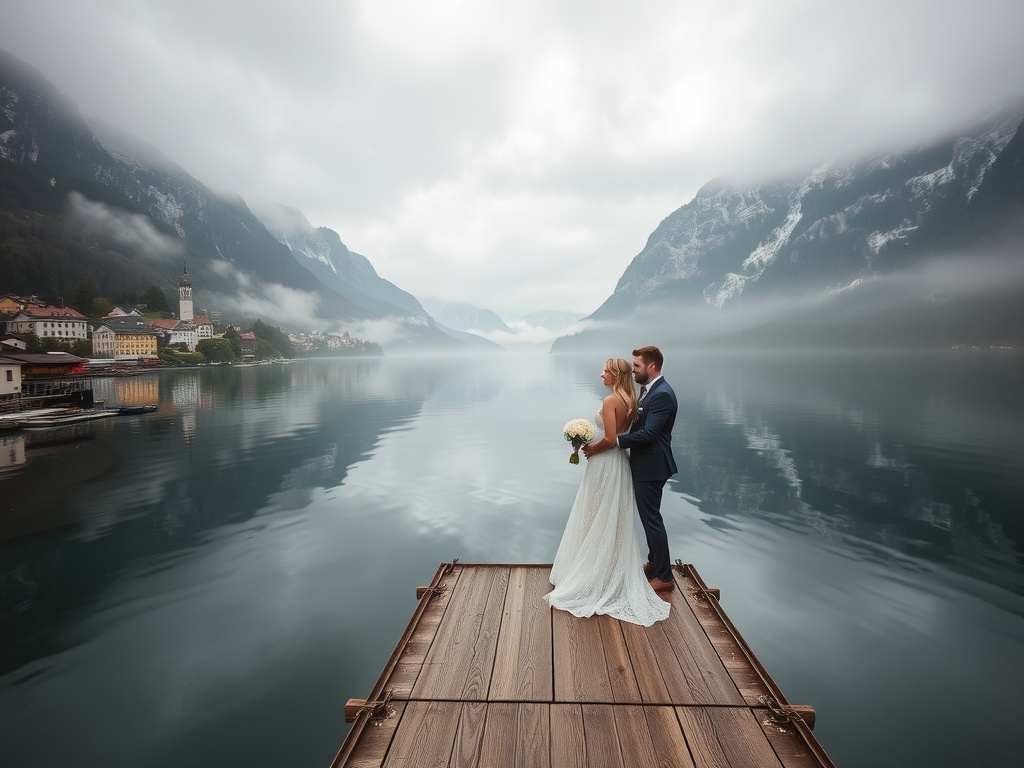 Couple embracing on a wooden platform in Hallstatt, Austria with misty mountains and a serene lake in the background.