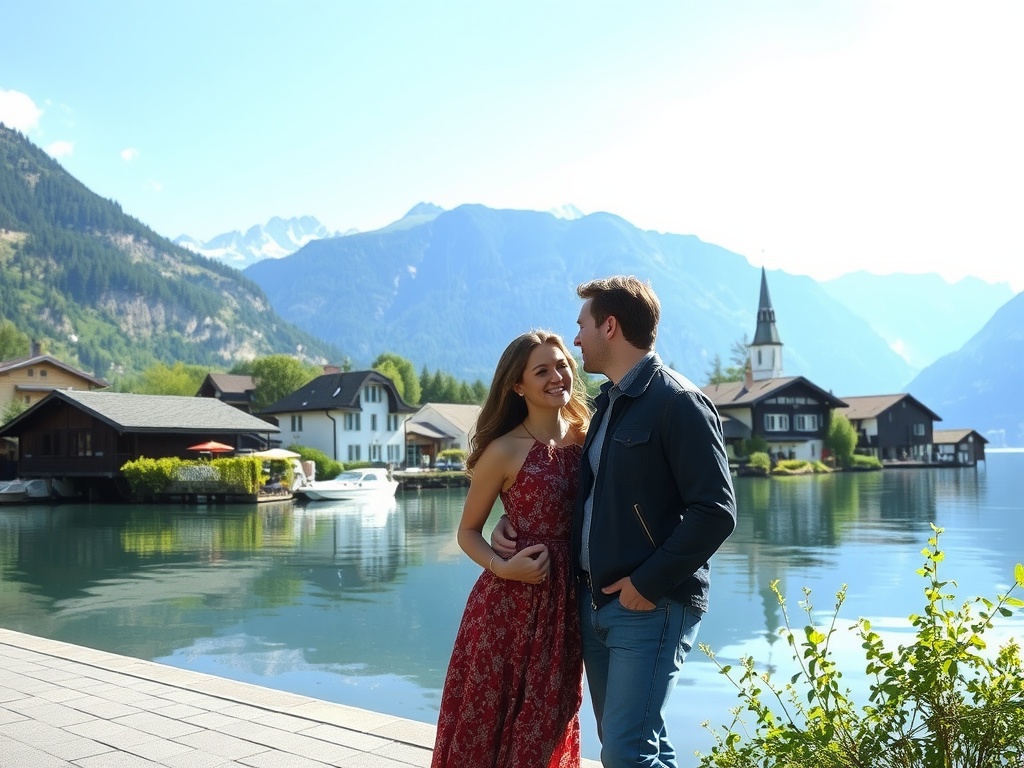 Couple overlooking Lake Wolfgang in St. Gilgen, Austria, with mountains in the background.