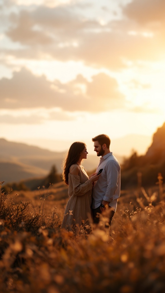 Couple embracing in a scenic outdoor setting during golden hour, soft lighting creating an intimate atmosphere.