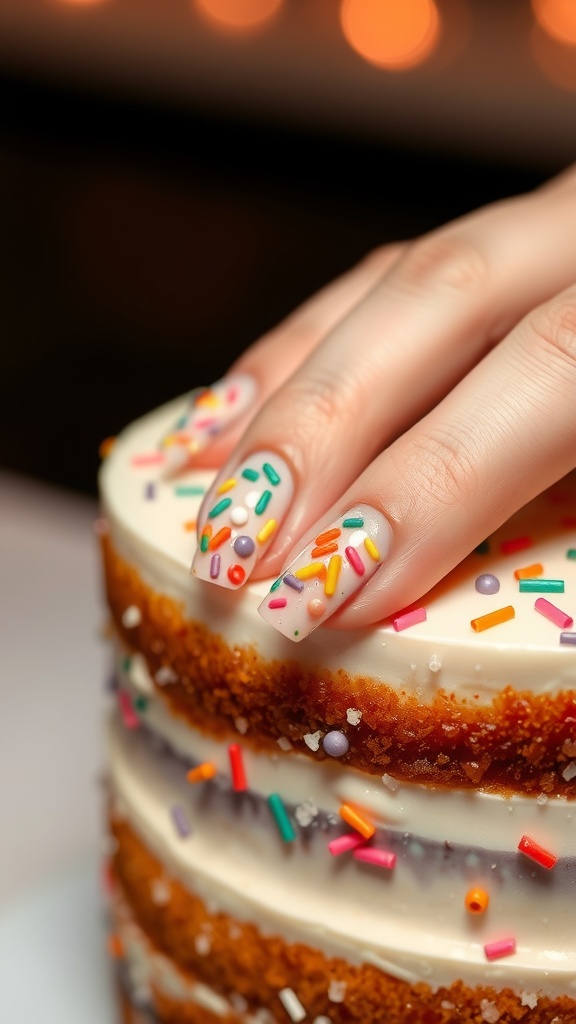 Playful confetti nails on a wedding cake with colorful sprinkles.