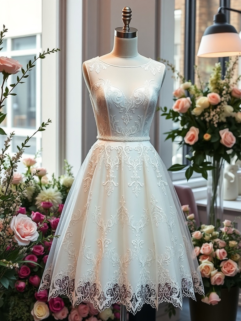 Tea-length bridal gown with lace accents displayed in a floral setting