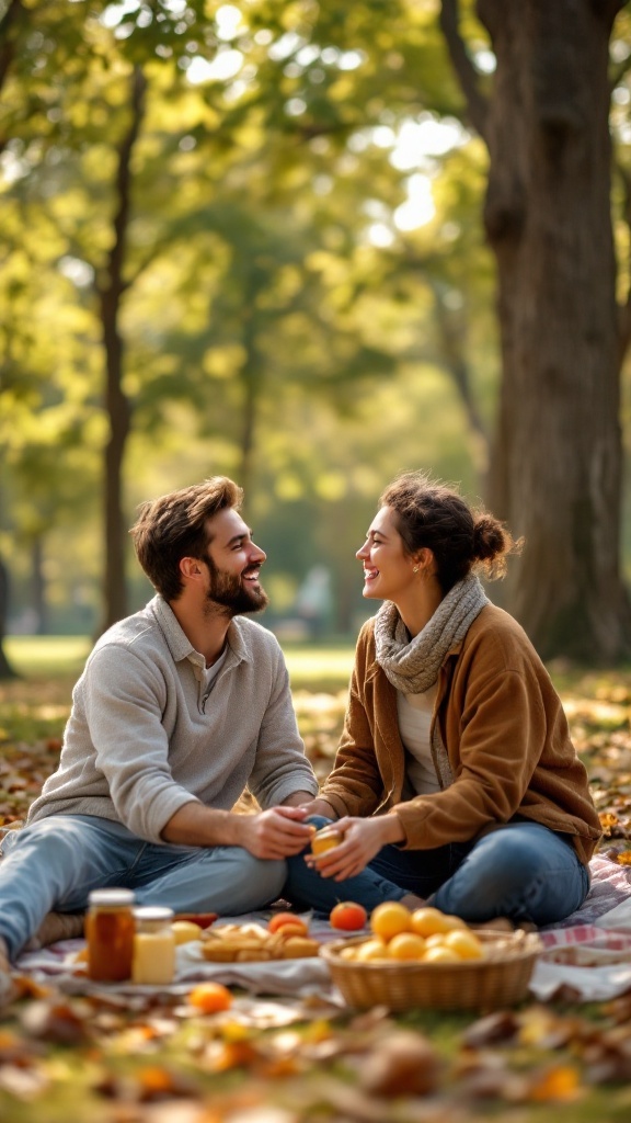 A couple enjoying a playful picnic in the park, surrounded by nature and sharing a joyful moment.
