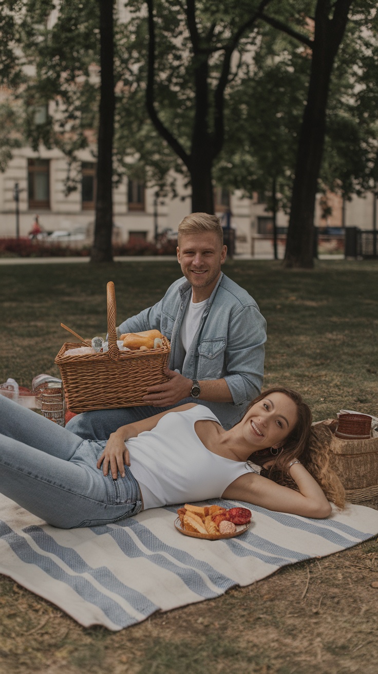 A couple enjoying a playful picnic in a park, sitting on a blanket with fruits nearby, radiating love and joy.