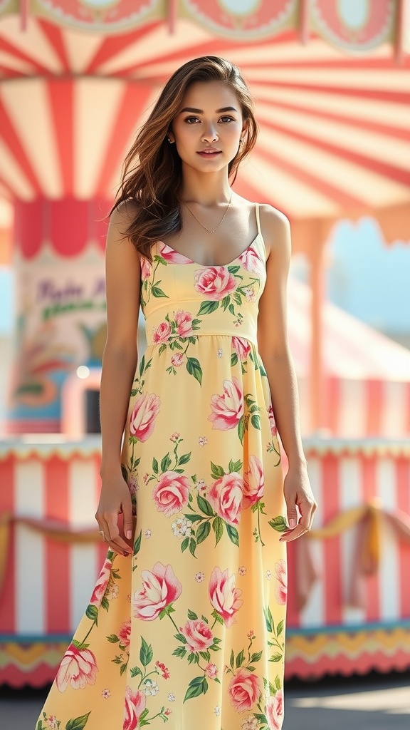 A woman wearing a floral yellow skater dress at a summer event.