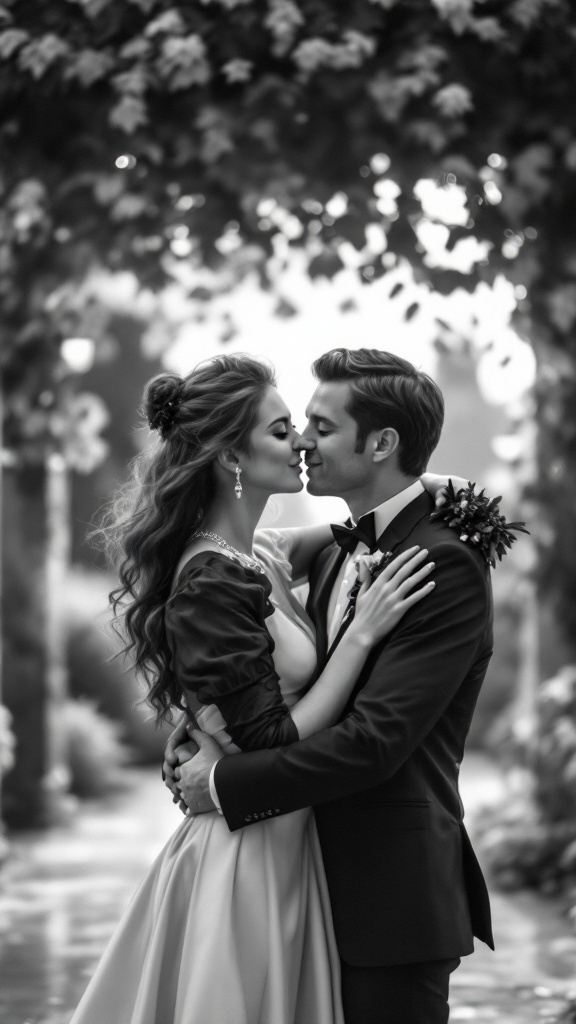 Couple sharing a kiss in a romantic outdoor setting, showcasing timeless love.