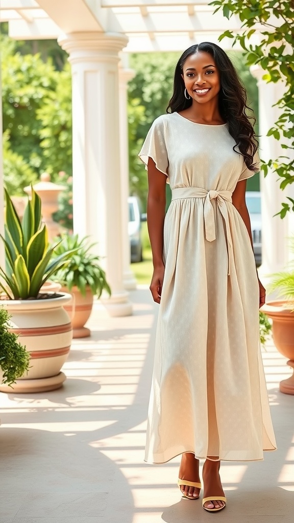 A woman wearing a polka dot swing dress with a belted waist, smiling in a garden setting.