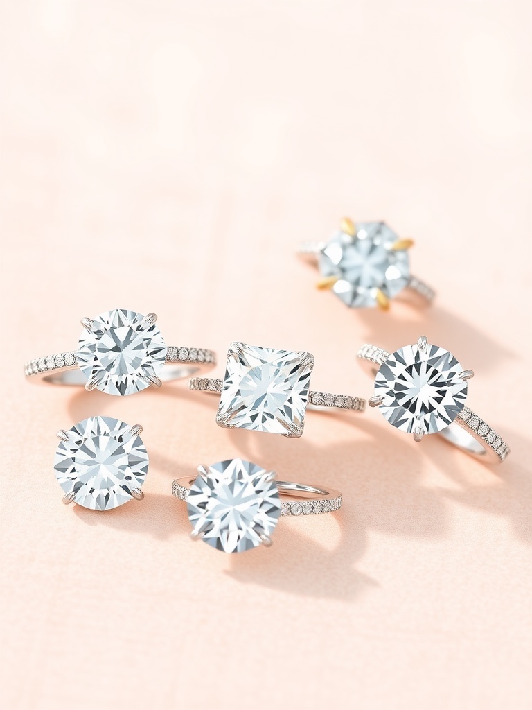 An assortment of lab-grown diamond engagement rings featuring popular cuts like round, princess, and cushion.