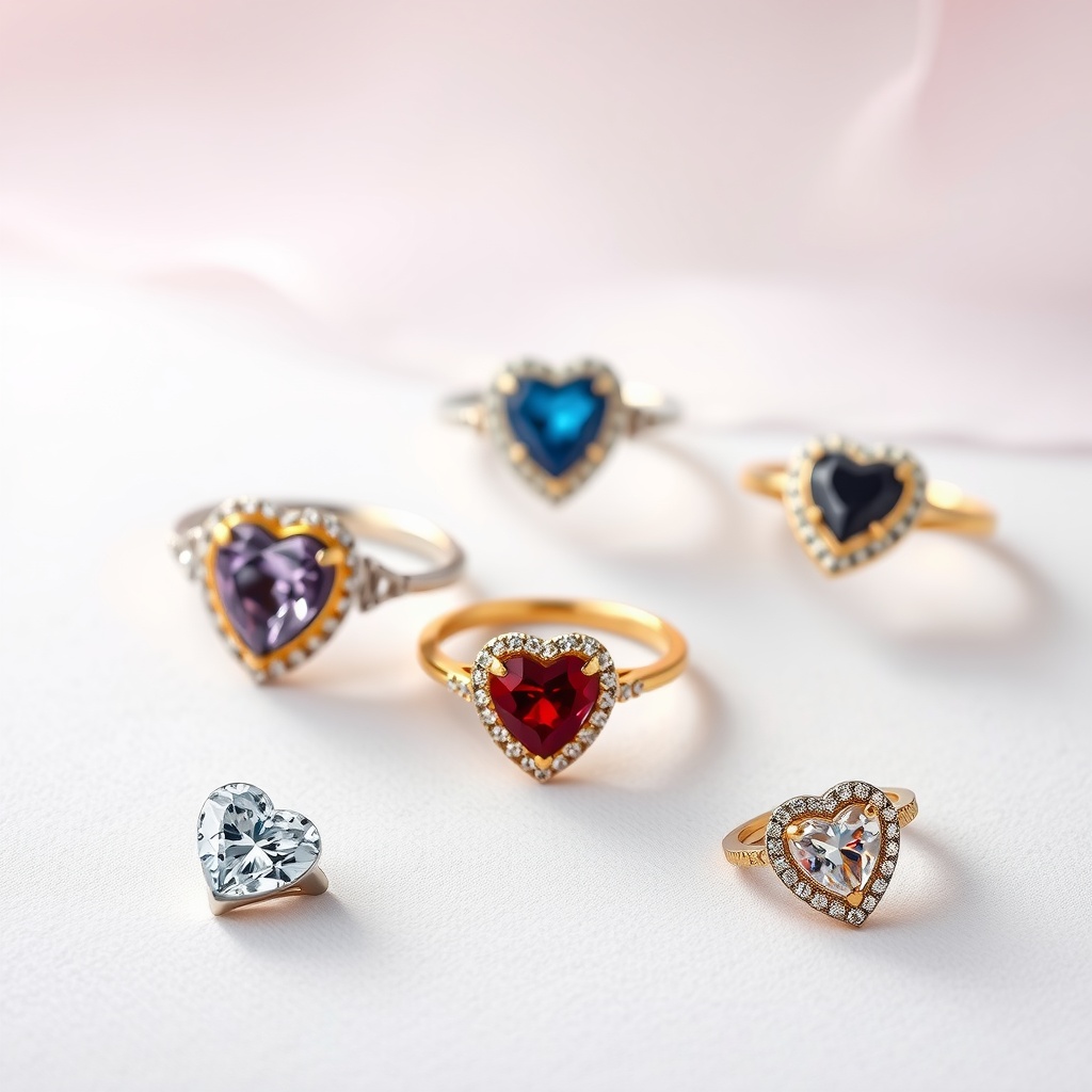 A collection of heart-shaped engagement rings featuring various gemstones and designs.