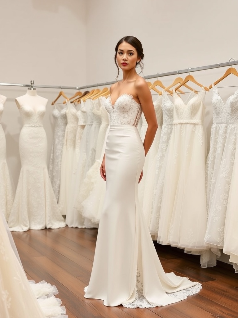 A model wearing a fit and flare wedding dress in a bridal shop surrounded by various styles of wedding gowns.