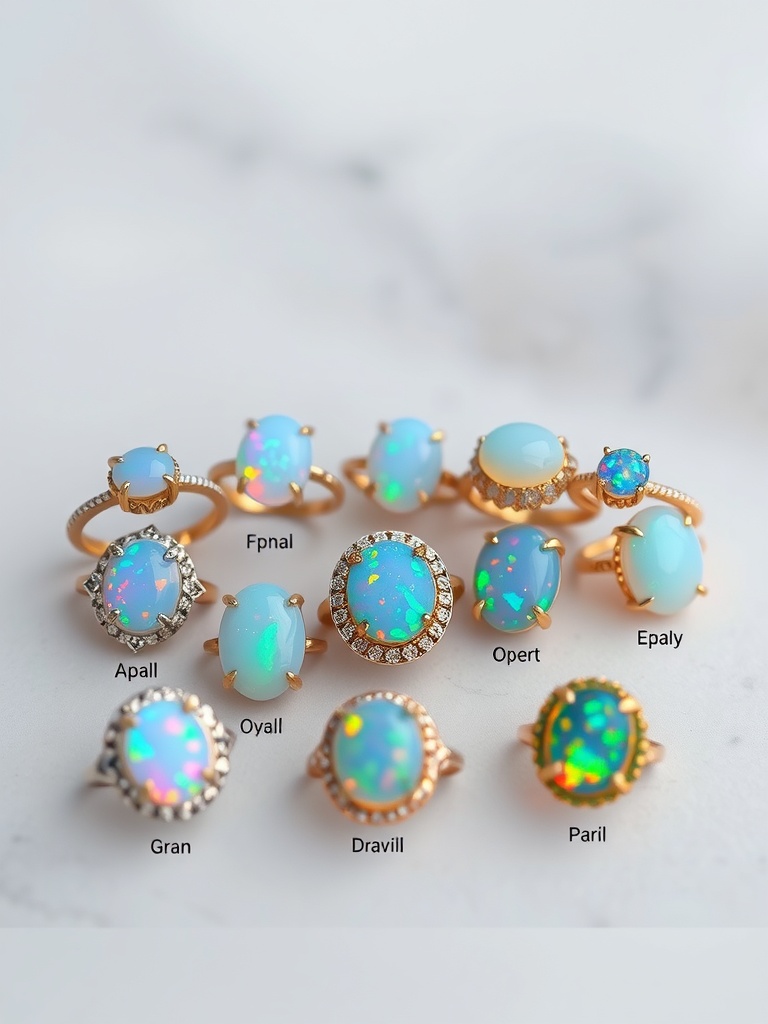 A collection of opal engagement rings showcasing various colors and styles.