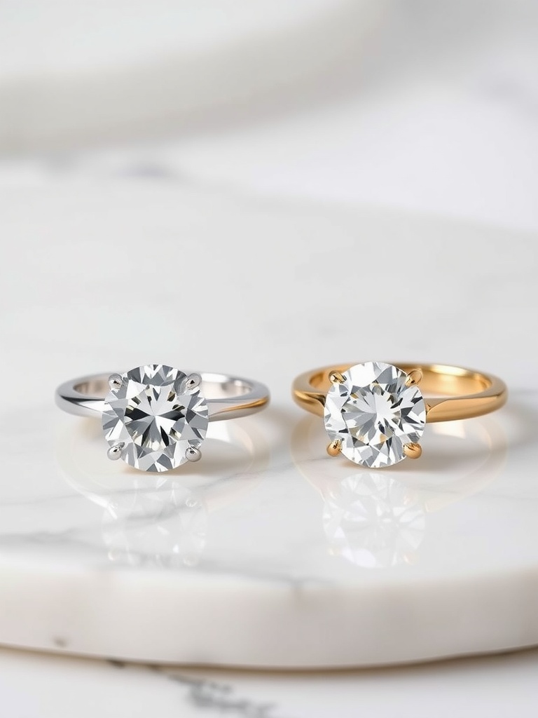 Two round engagement rings on a marble surface, one in silver and the other in gold.