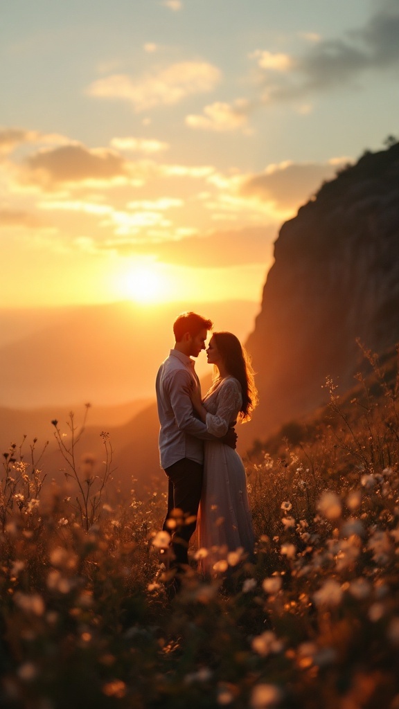 A couple embracing during sunset, surrounded by flowers in a romantic, warm atmosphere.