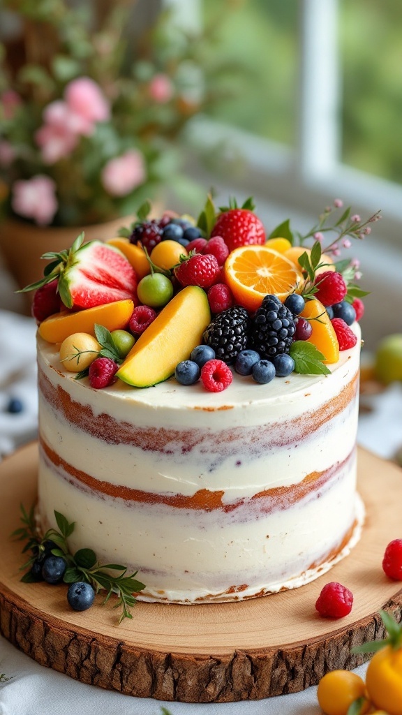 A rustic pound cake topped with seasonal fruits, set on a wooden slice.