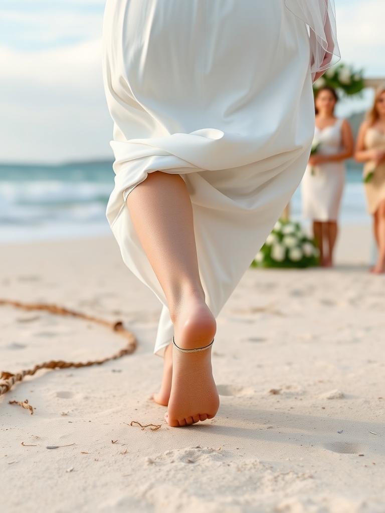 A bride walking barefoot on the beach, showcasing practicality in bridal footwear.