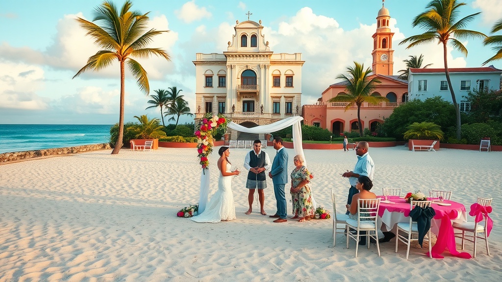 A beach wedding ceremony in Puerto Rico with a historic building in the background