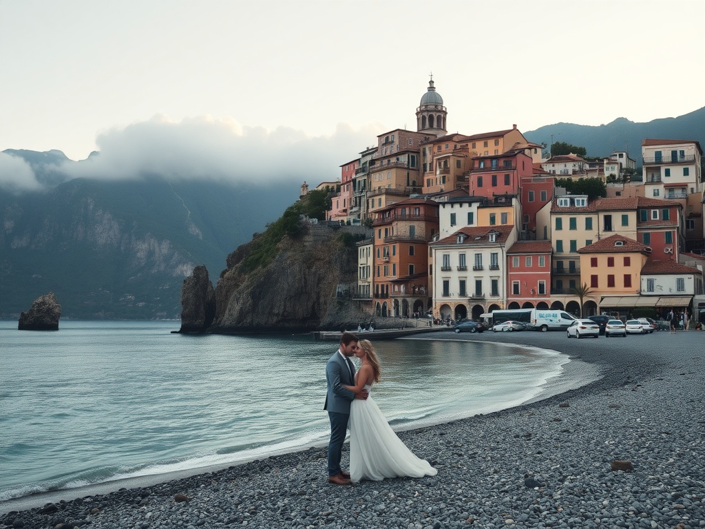 A couple kissing on a beach in Positano, Italy, with colorful buildings in the background and mountains looming in the distance.