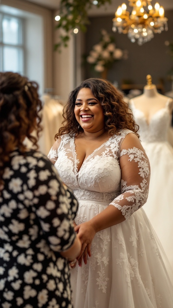 A curvy bride smiling while trying on a wedding dress in a bridal boutique.