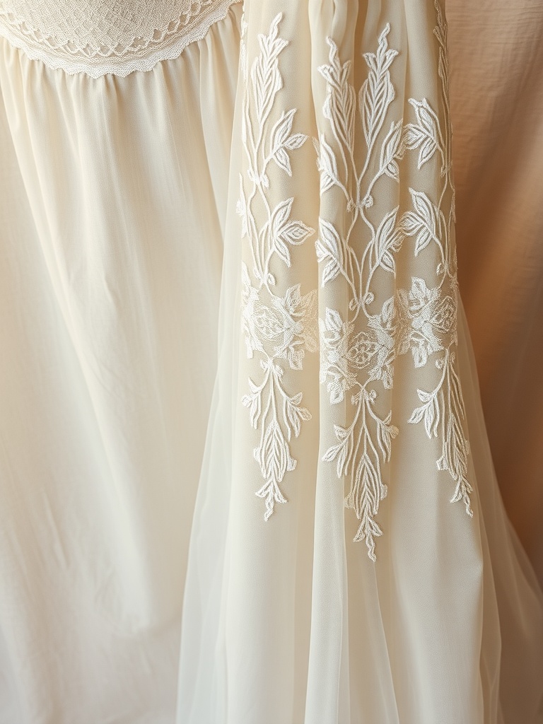 Close-up of a wedding dress featuring delicate recycled lace details.