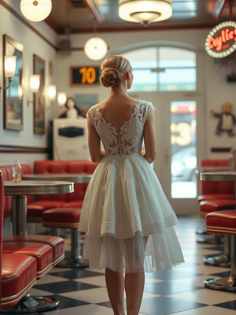 A bride wearing a short retro cocktail dress with lace detailing, standing in a vintage-style diner.