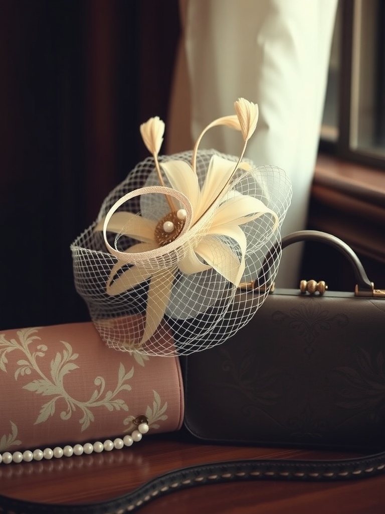A vintage fascinator with feathers and netting, placed on a decorative clutch and pearls.