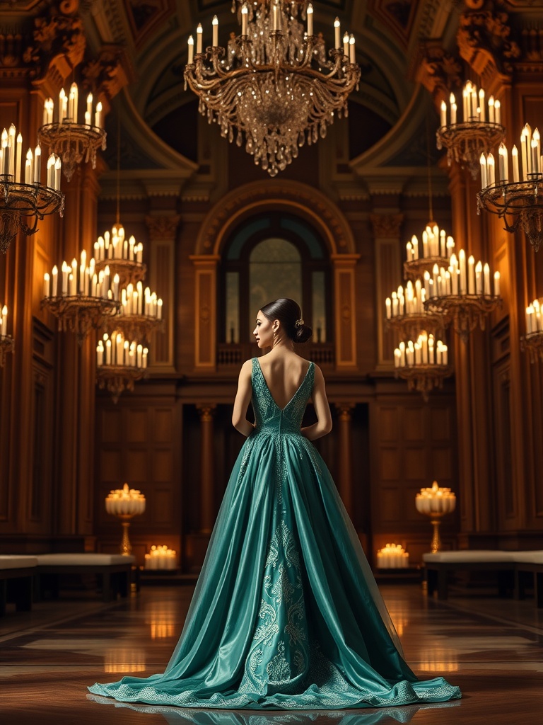 A bride in a rich jewel-toned dress, surrounded by elegant chandeliers, showcasing a unique wedding dress color.
