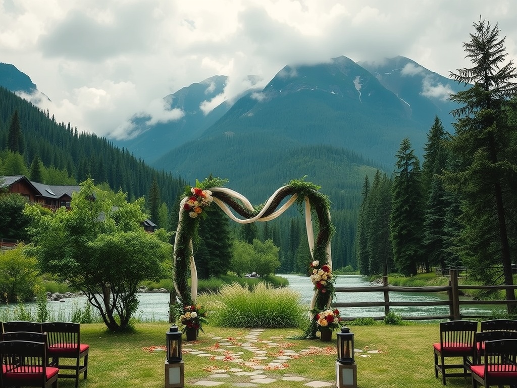 A beautiful wedding setup by a river, with mountains in the background and floral decorations.