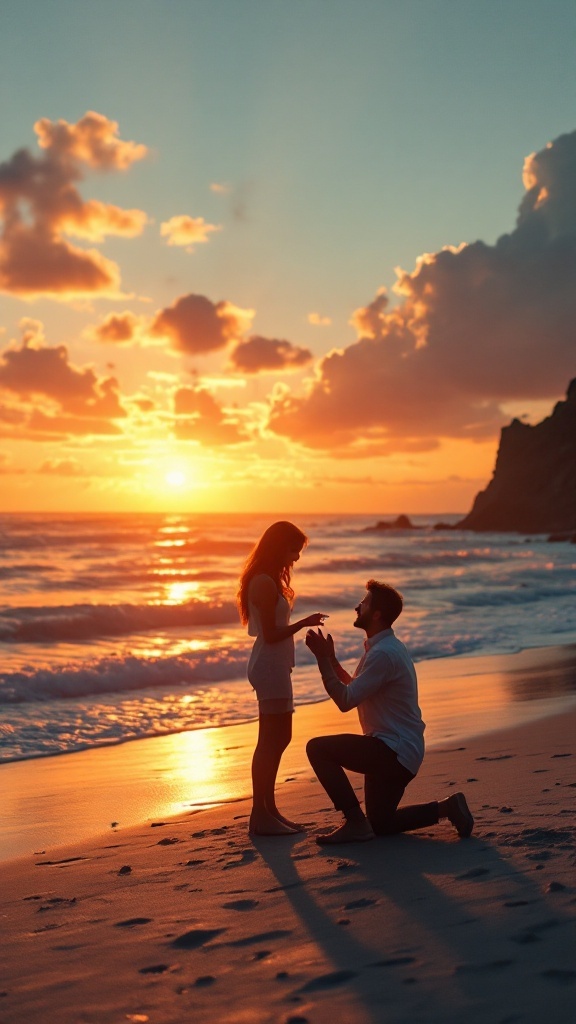 A couple on a beach at sunset, with the man proposing to the woman.