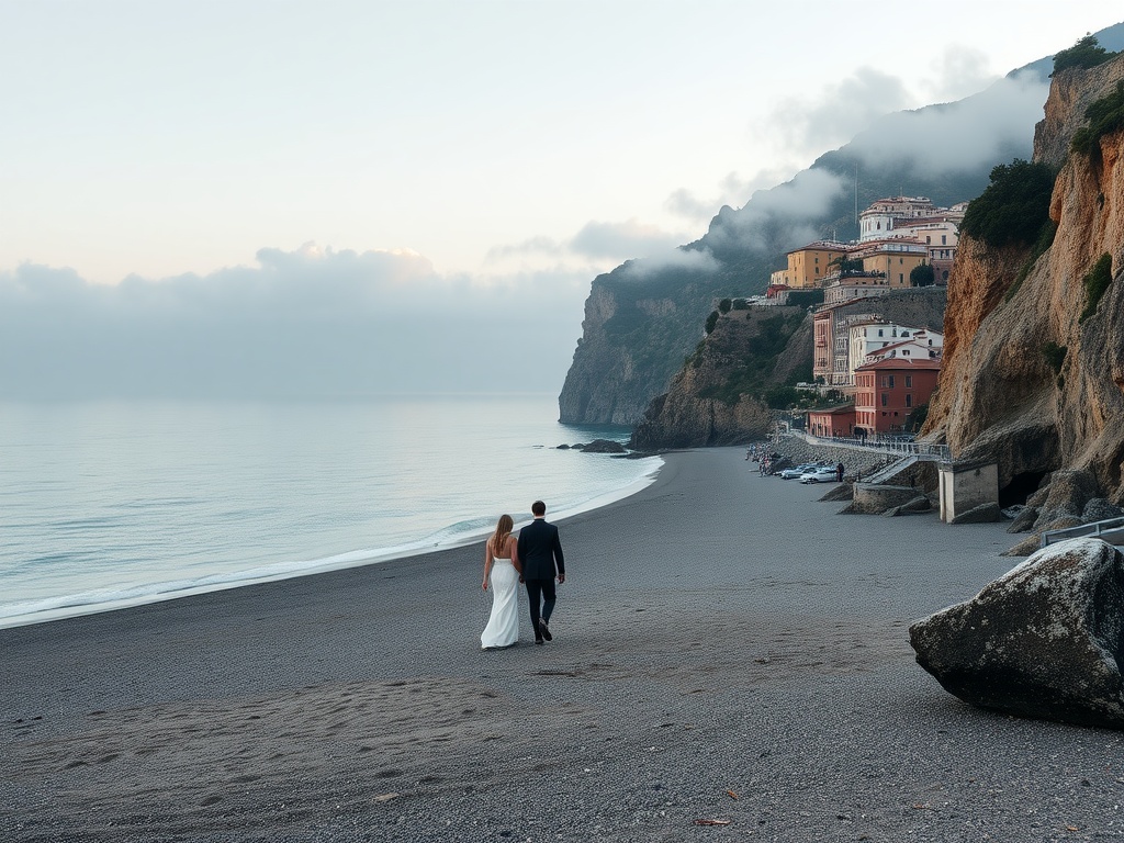 A couple walking along a beach on the Amalfi Coast, Italy, with colorful buildings on the cliffs above.