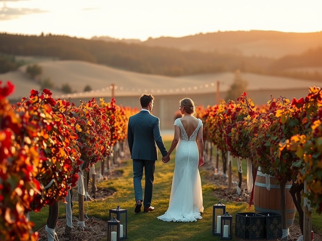 A couple walking hand in hand through a vineyard during sunset