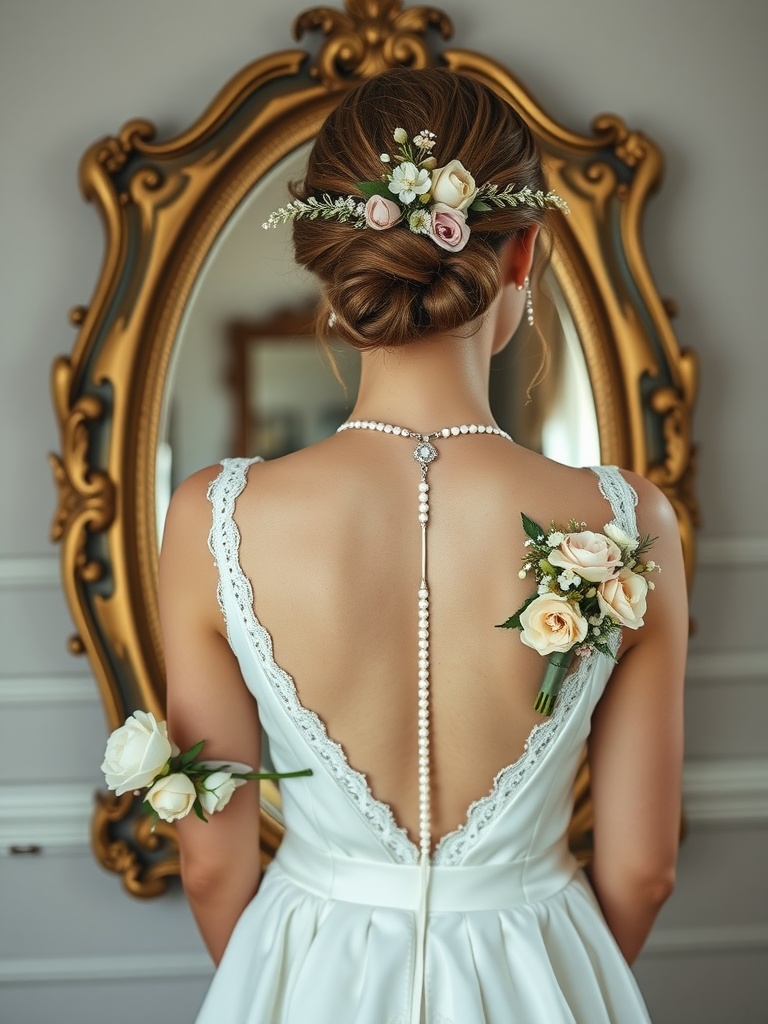 A bride with floral accents in her hair and on her dress, showcasing a romantic style.