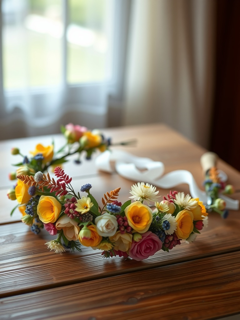 A beautiful flower crown made of colorful faux flowers, resting on a wooden table, with a roll of ribbon in the background.